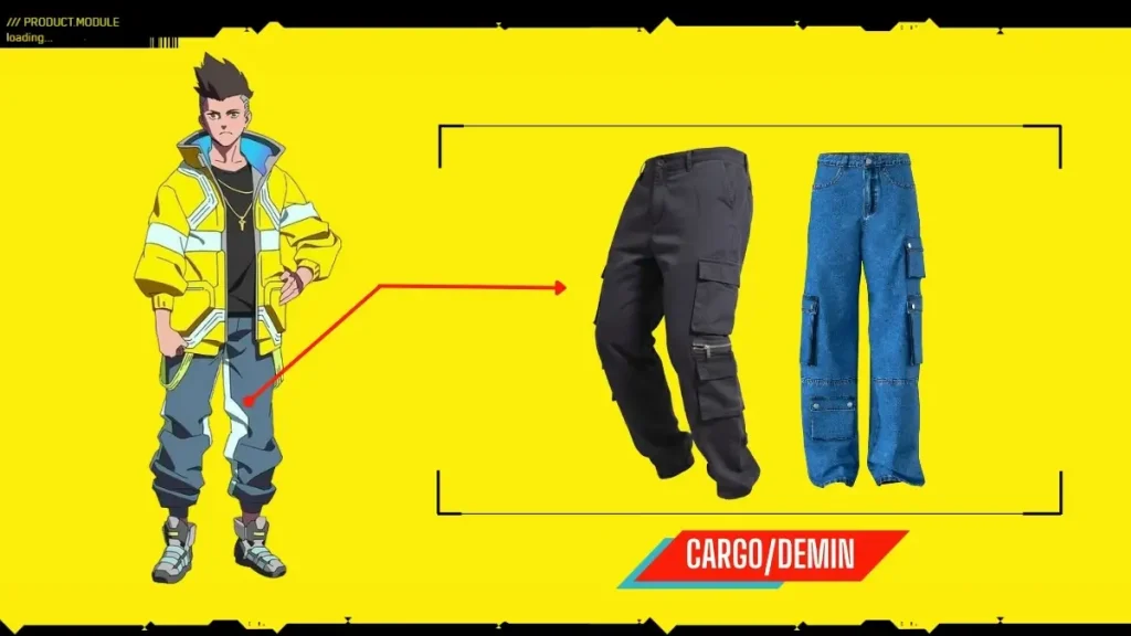 two styles of pants reference black cargo and blue denim