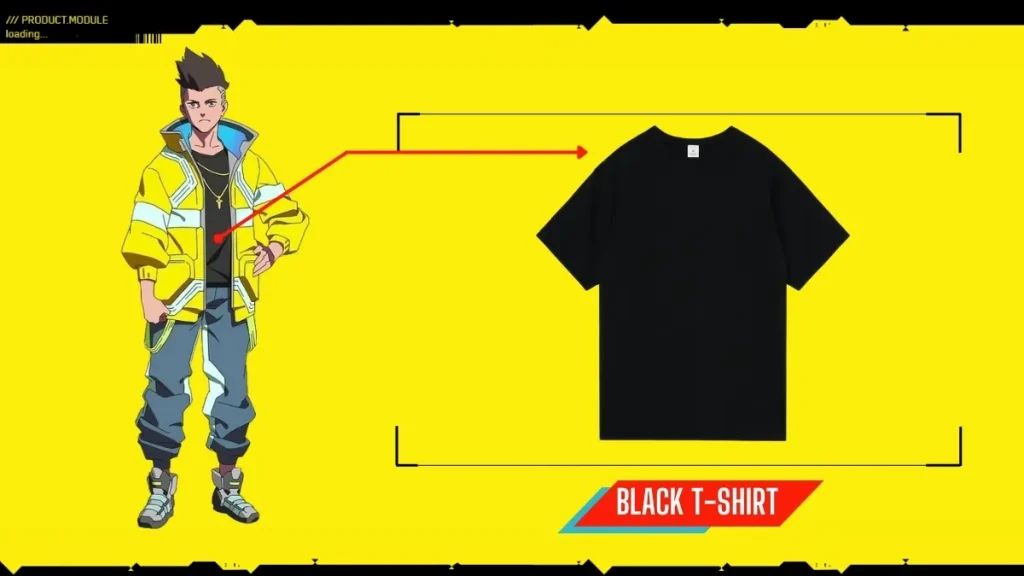 pointing to a plain black t-shirt on a bright yellow background