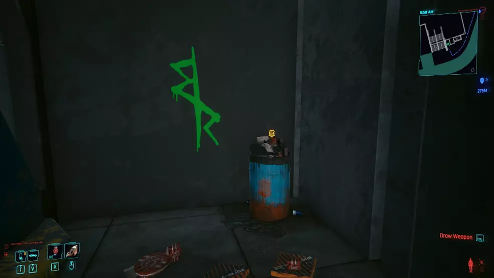 Alley with green Edgerunners symbol on wall in Cyberpunk Game