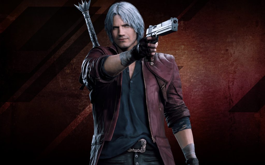 Dante with silver hair in a Brown jacket aiming a pistol