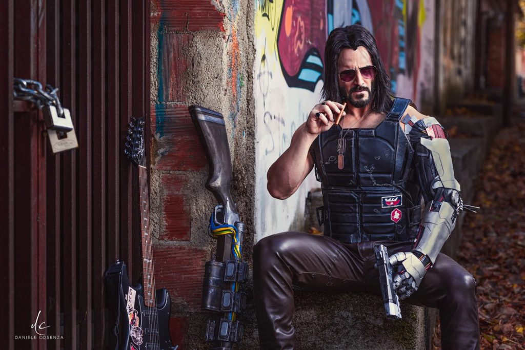 Johnny Silverhand in a west holding a gun