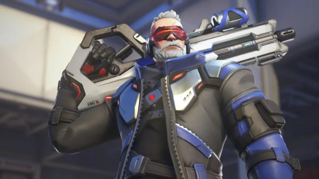 Overwatch soldier in blue jacket posing with holding gun