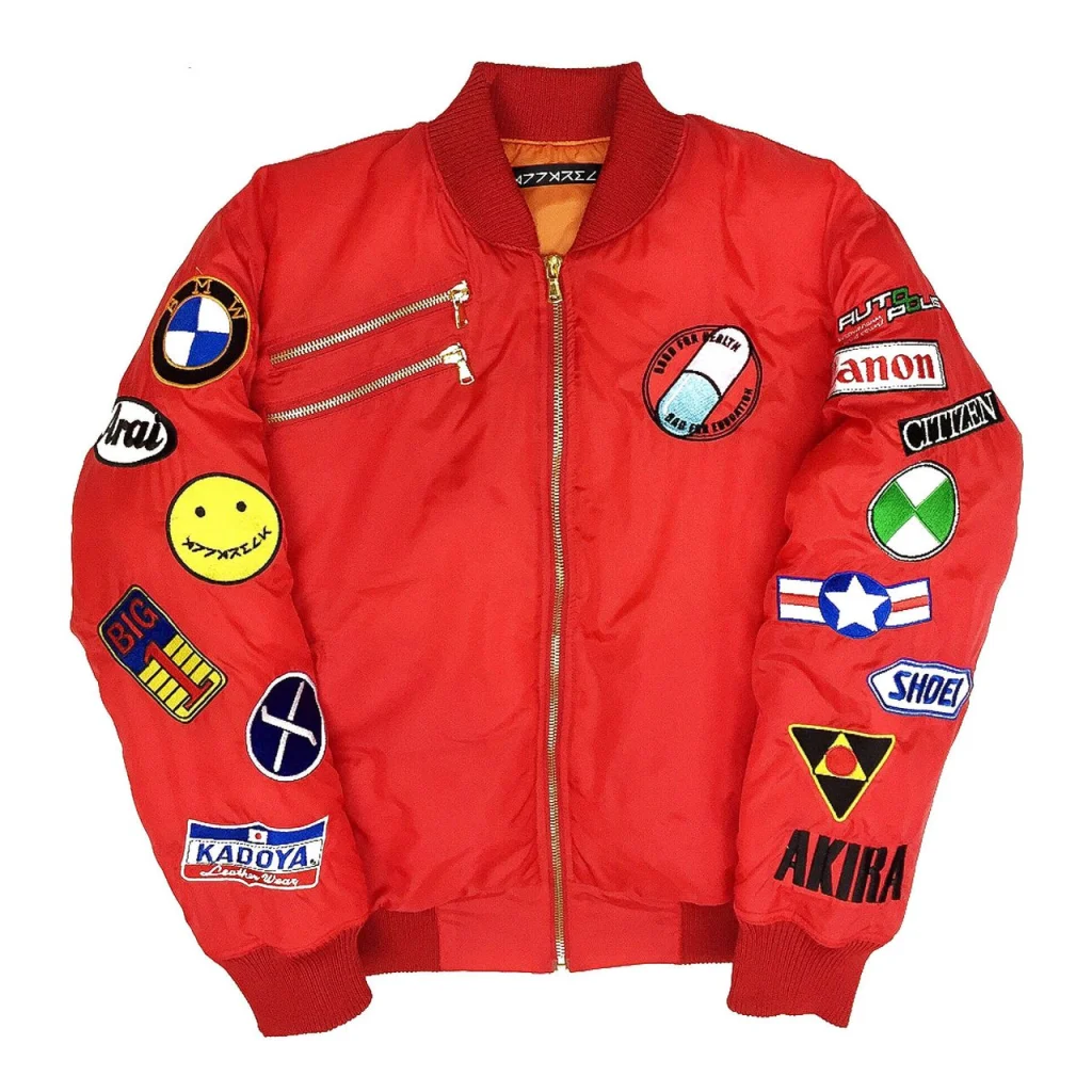 akira satin red multi patch bomber jacket